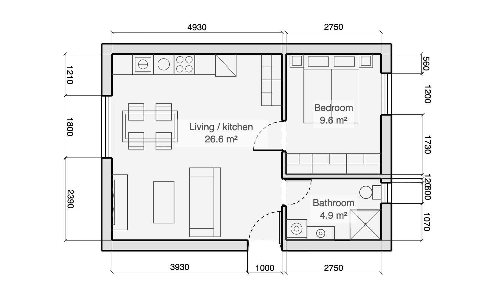 One-bedroom flat floor plan, 8.4 by 6 metres, with an open living and kitchen room, a bedroom with a run of three wardrobes, and a bathroom with a high-level window, furnished and fully dimensioned in the Gridsnap editor
