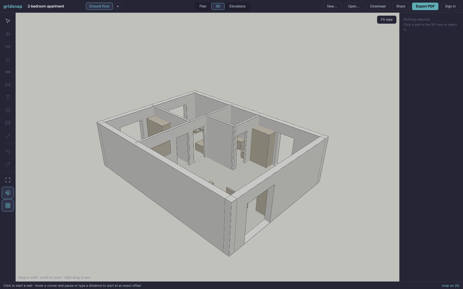 3D view of the 2-bedroom apartment floor plan showing walls, window and door openings, and furniture