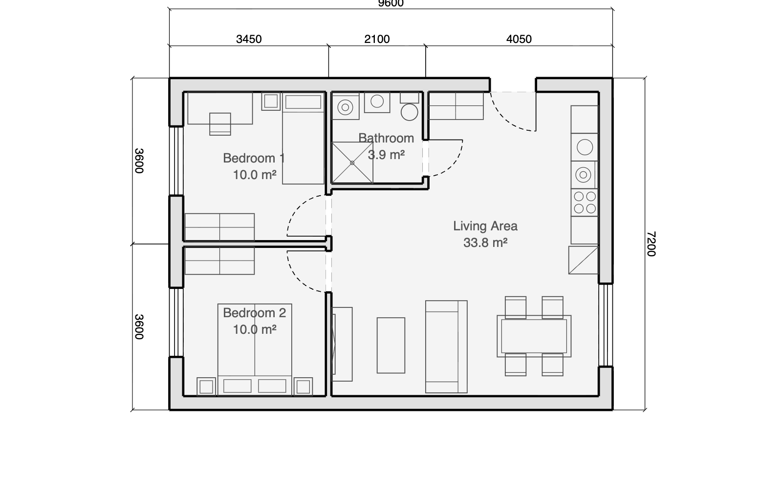 2-bedroom apartment floor plan, 9.6 by 7.2 metres, with open living/kitchen, double bedroom, kid's room or office and bathroom, furnished and fully dimensioned in the Gridsnap editor