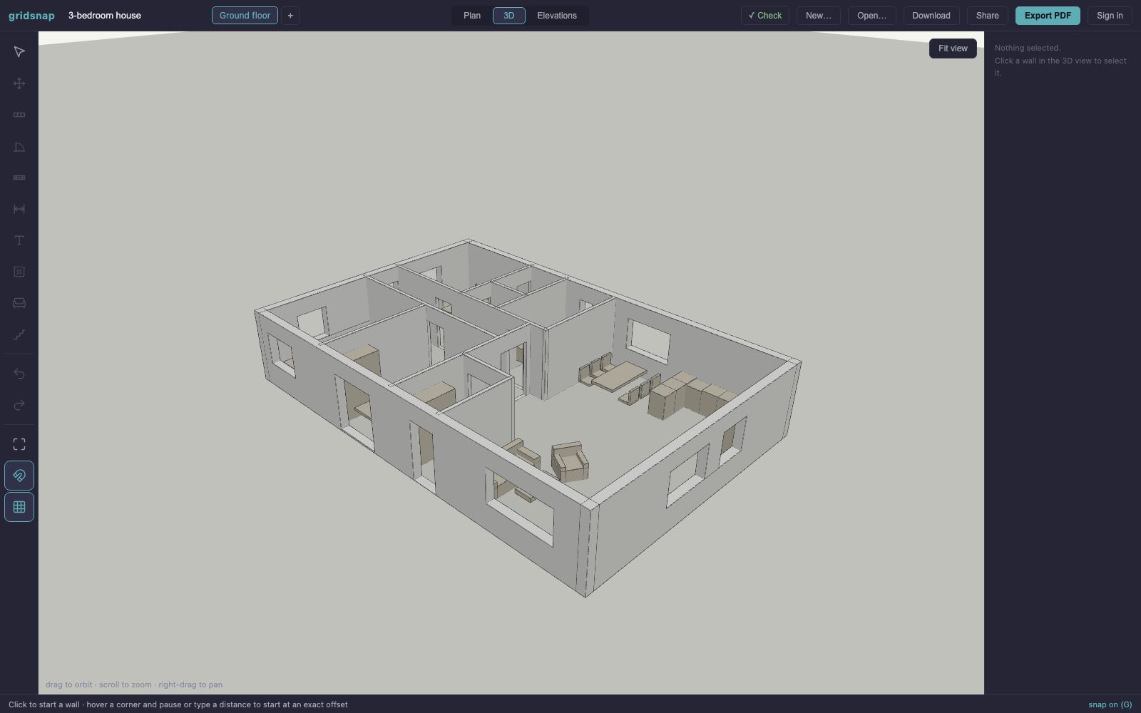 3D view of the three-bedroom house floor plan showing walls, window and door openings, and the furnished living, kitchen and bedroom spaces