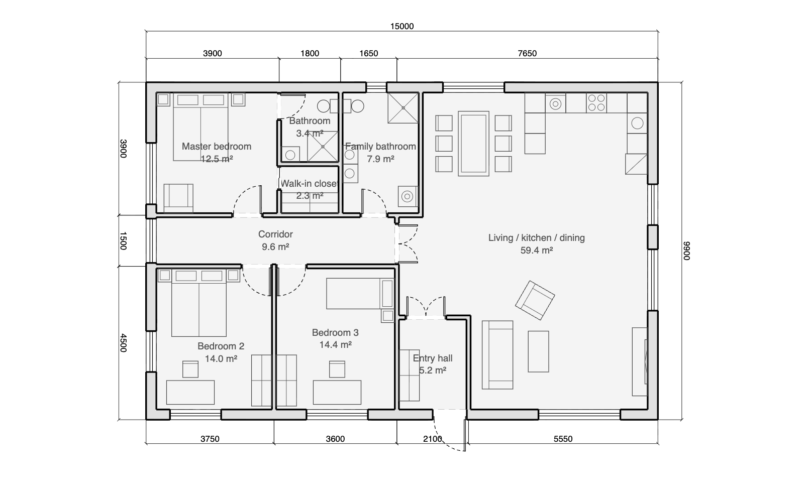 Three-bedroom house floor plan, 14.7 by 9.6 metres, with an open 59 m² living, kitchen and dining room, three bedrooms, family bathroom, master ensuite and walk-in closet, furnished and fully dimensioned in the Gridsnap editor