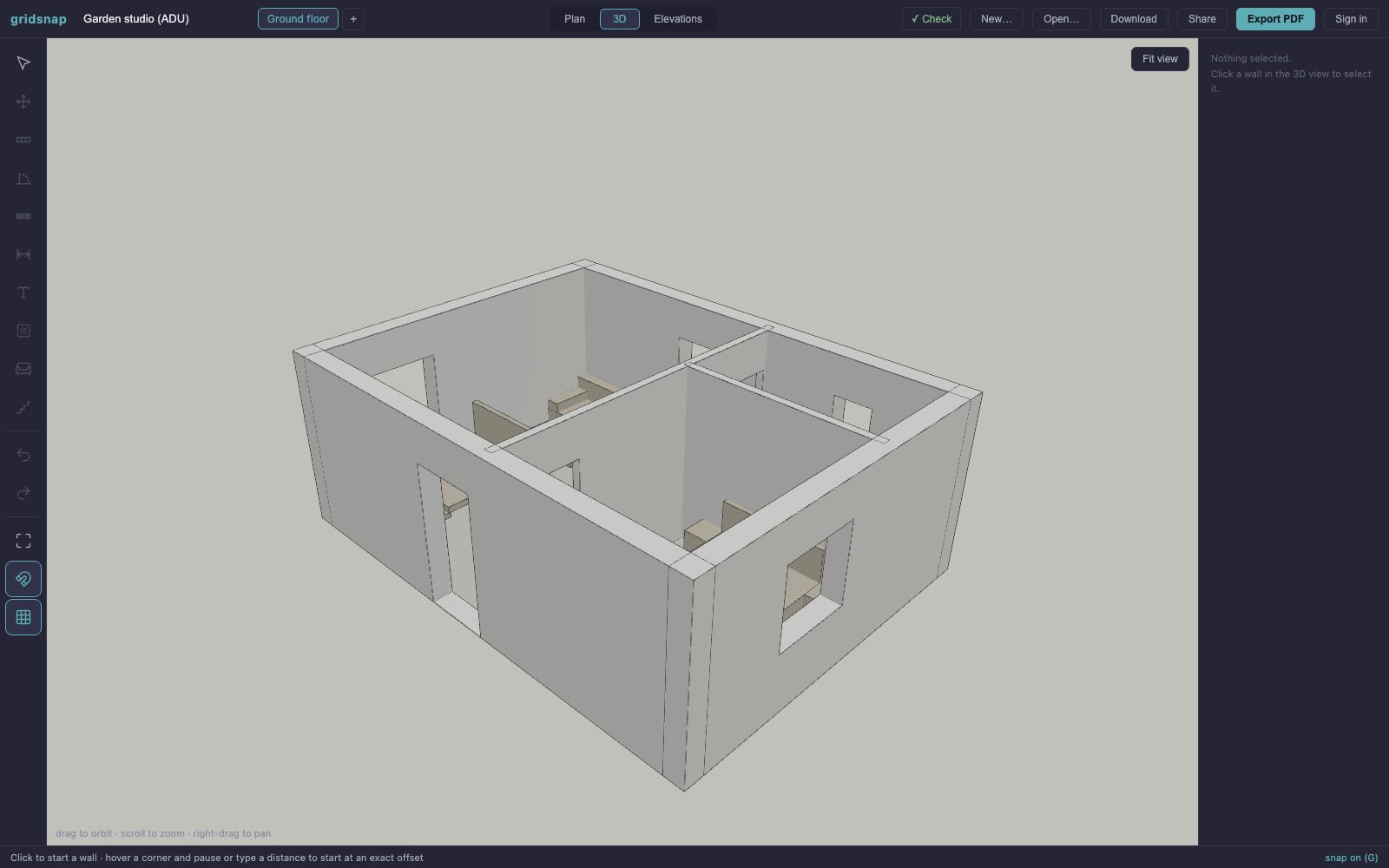3D view of the garden studio ADU floor plan showing walls, window and door openings, and the furnished living, kitchen and bedroom spaces