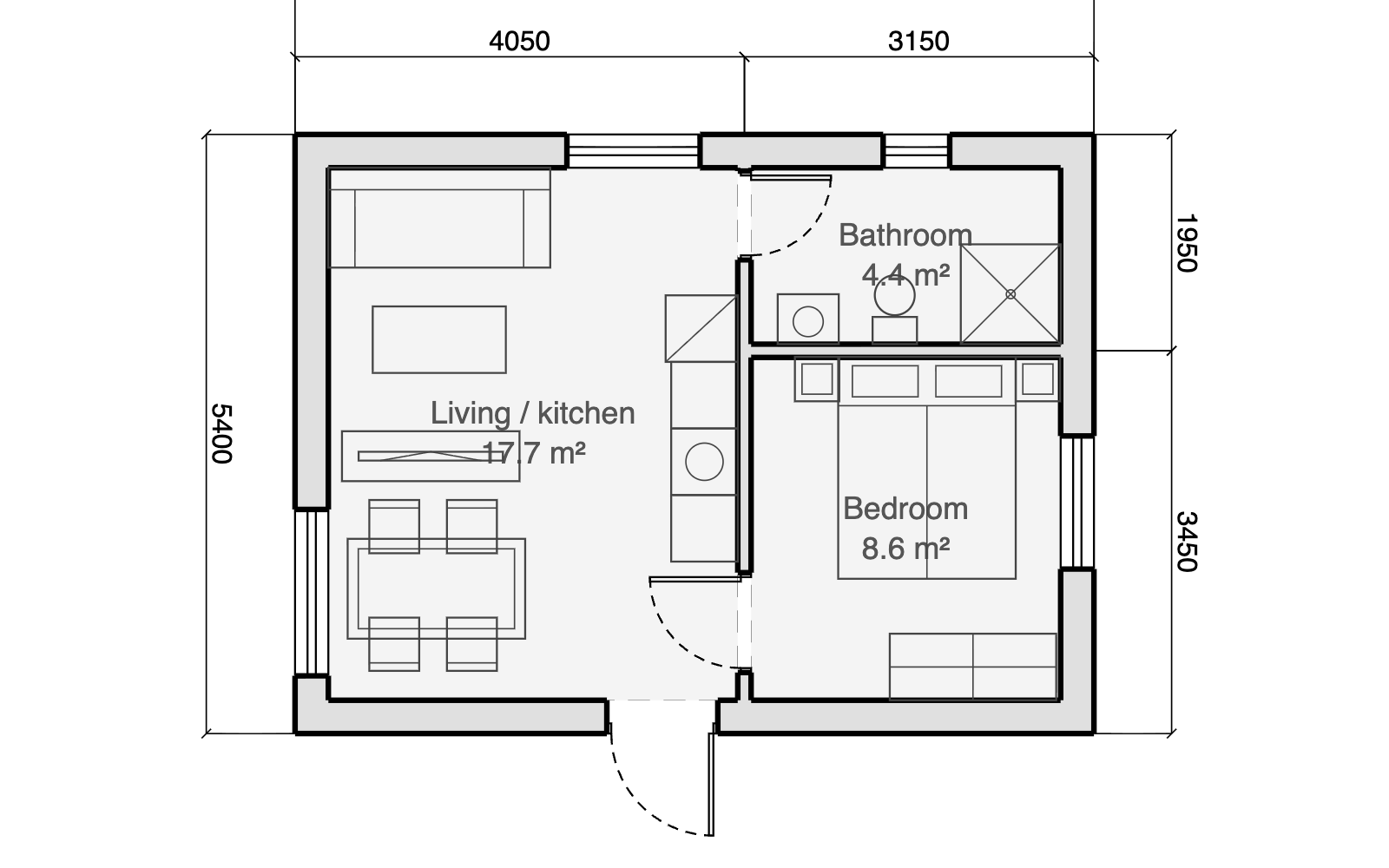 Garden studio ADU floor plan, 6.9 by 5.1 metres, with an open living and kitchen space, separate bedroom with double bed, and a shower room, furnished and fully dimensioned in the Gridsnap editor