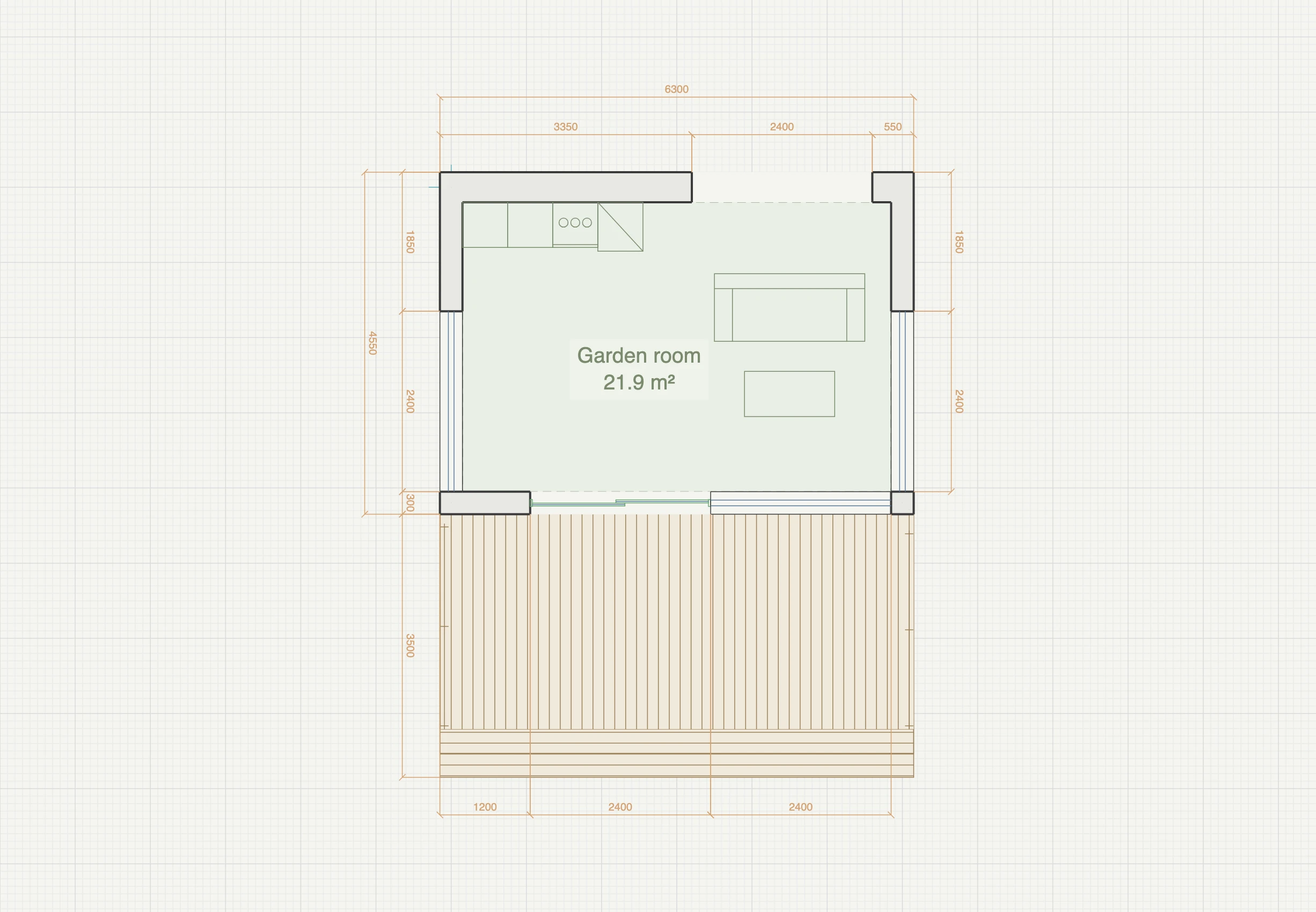 Deck and garden room floor plan showing a living room with sliding doors onto a 6.3 by 3.6 metre timber deck, decking boards running away from the house, railings on the two open sides and a step flight down to the garden, fully dimensioned