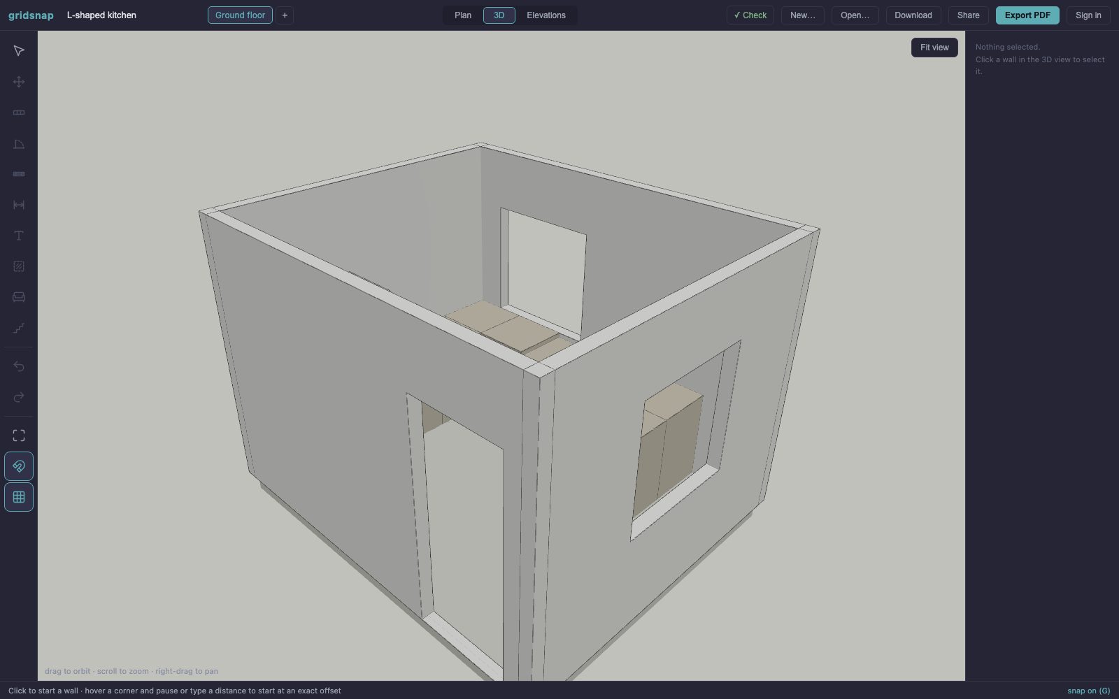 3D view of the L-shaped kitchen floor plan showing walls, window and door openings, the counter runs and the island