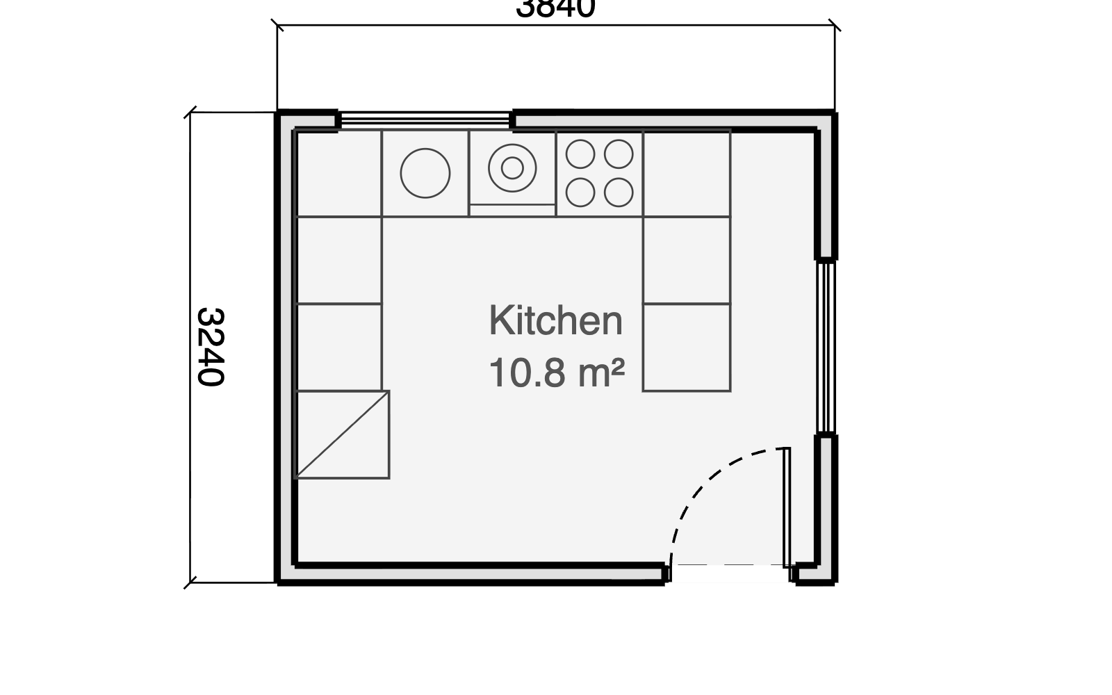 L-shaped kitchen floor plan, 3.6 by 3.0 metres inside the walls, with counters along two walls, sink under the window, stove, dishwasher, fridge and a free-standing island, fully dimensioned in the Gridsnap editor