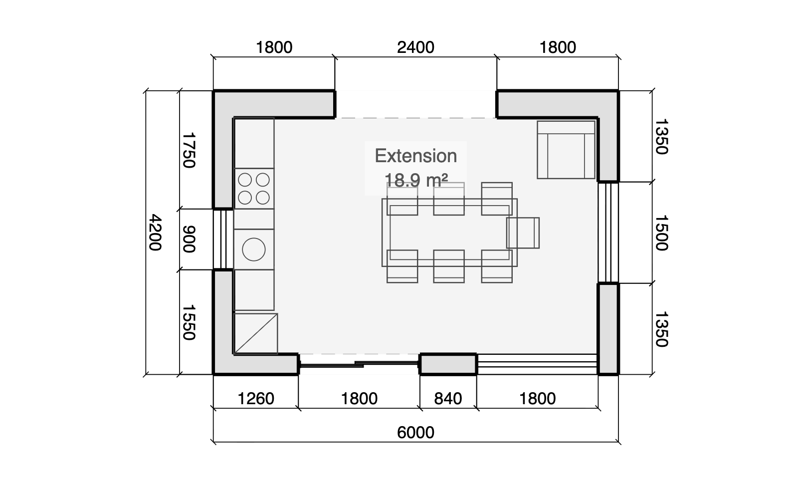 Rear extension floor plan, 6 by 4.2 metres, showing a single-wall kitchen run with fridge, sink and hob, a dining table and chairs, sliding garden doors with full-height windows, and a 2.4 metre knock-through into the existing house, fully dimensioned