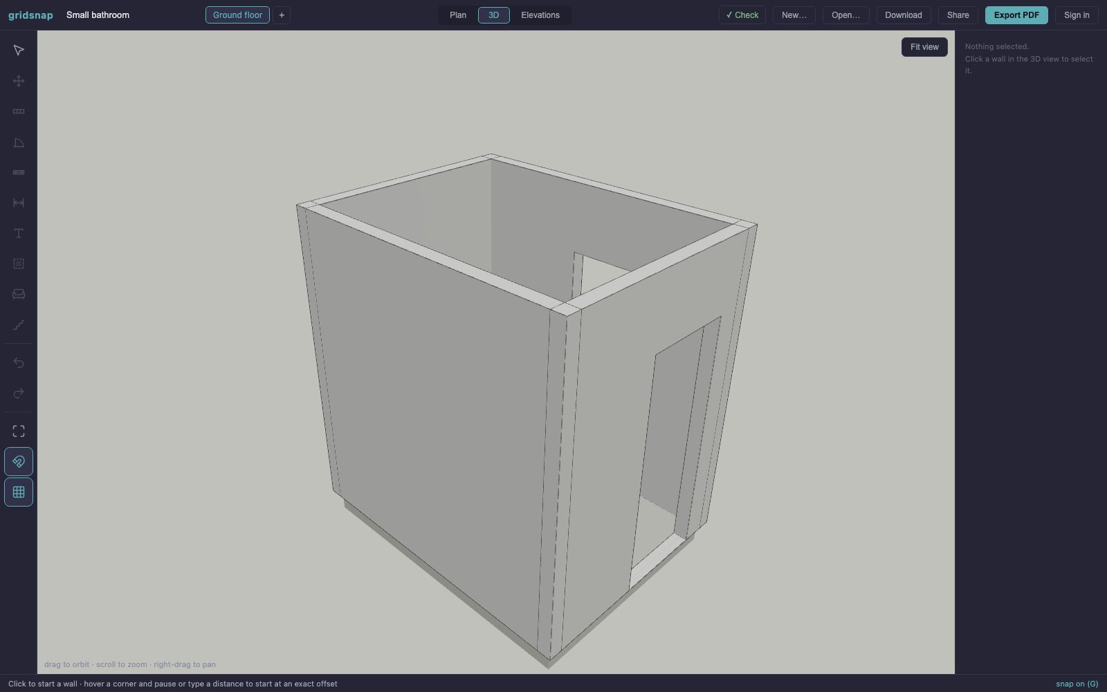 3D view of the small bathroom floor plan showing walls, the door and high-level window opening, bath, toilet and basin
