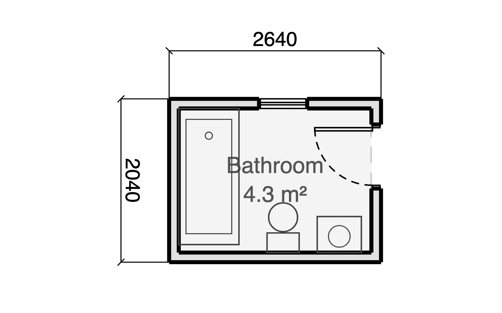 Small bathroom floor plan, 1.8 by 2.4 metres inside the walls, with a full-length bath along one wall, toilet and basin sharing the opposite wall, and a high-level window, fully dimensioned in the Gridsnap editor