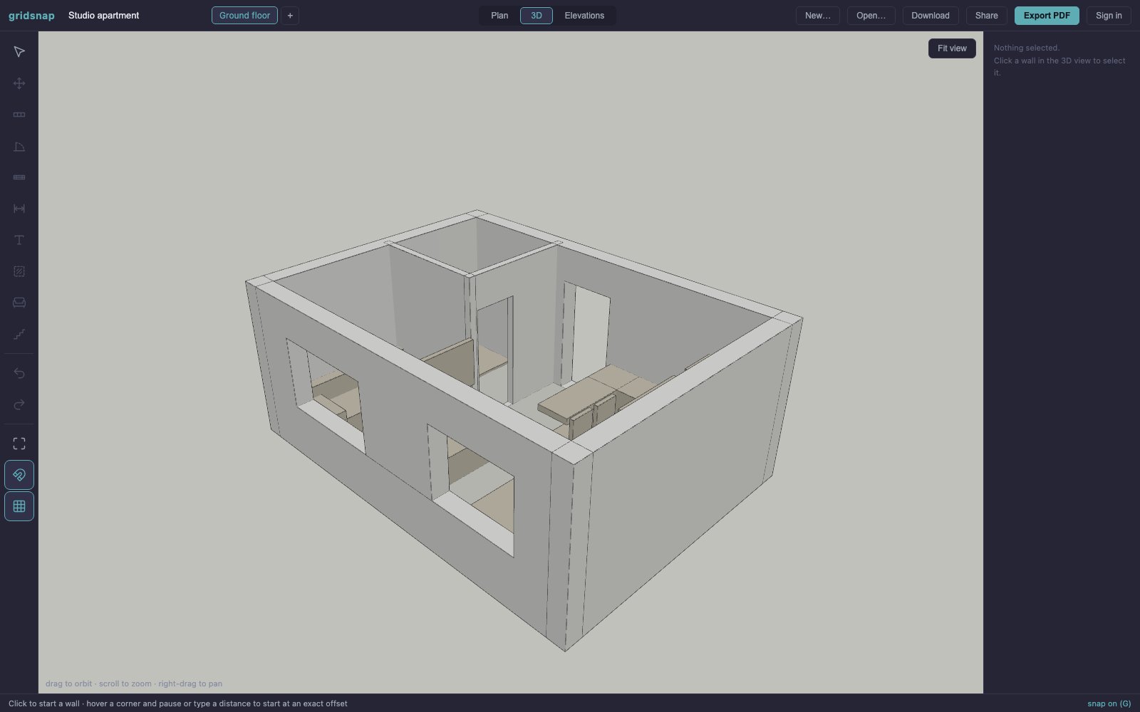 3D view of the studio apartment floor plan showing walls, window and door openings, and furniture