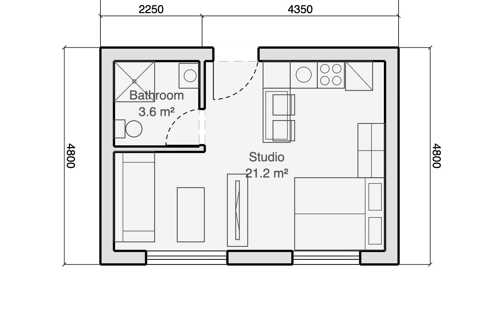 Studio apartment floor plan, 6.6 by 4.8 metres, with kitchen run, dining table, lounge, double bed sleeping corner and separate bathroom, furnished and fully dimensioned in the Gridsnap editor