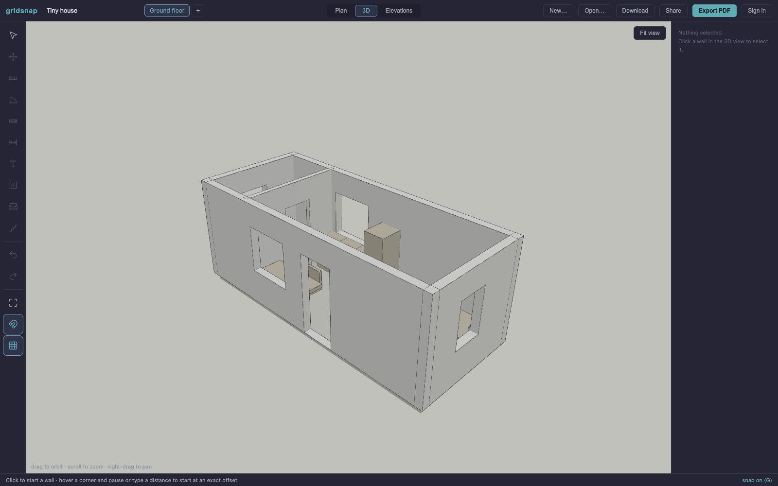 3D view of the tiny house floor plan showing walls, window and door openings, and furniture