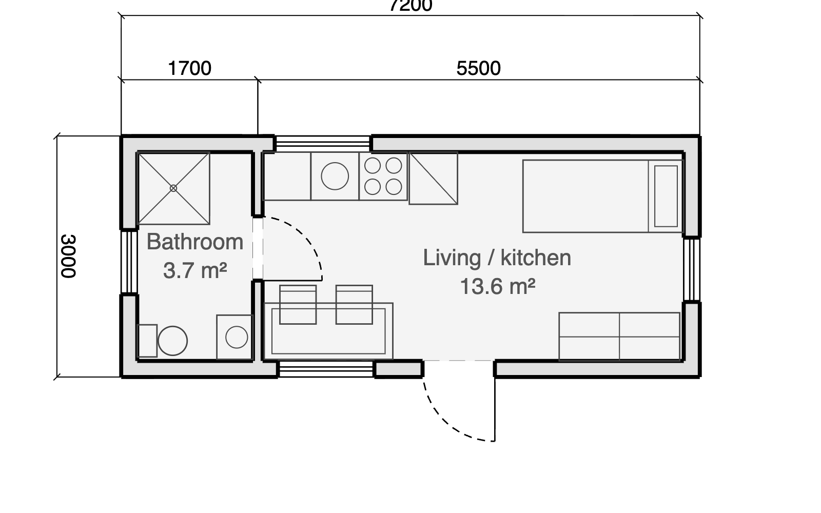 Tiny house floor plan, 7.2 by 3.0 metres, with kitchen run, dinette, bed at the gable end and wet room, furnished and fully dimensioned in the Gridsnap editor